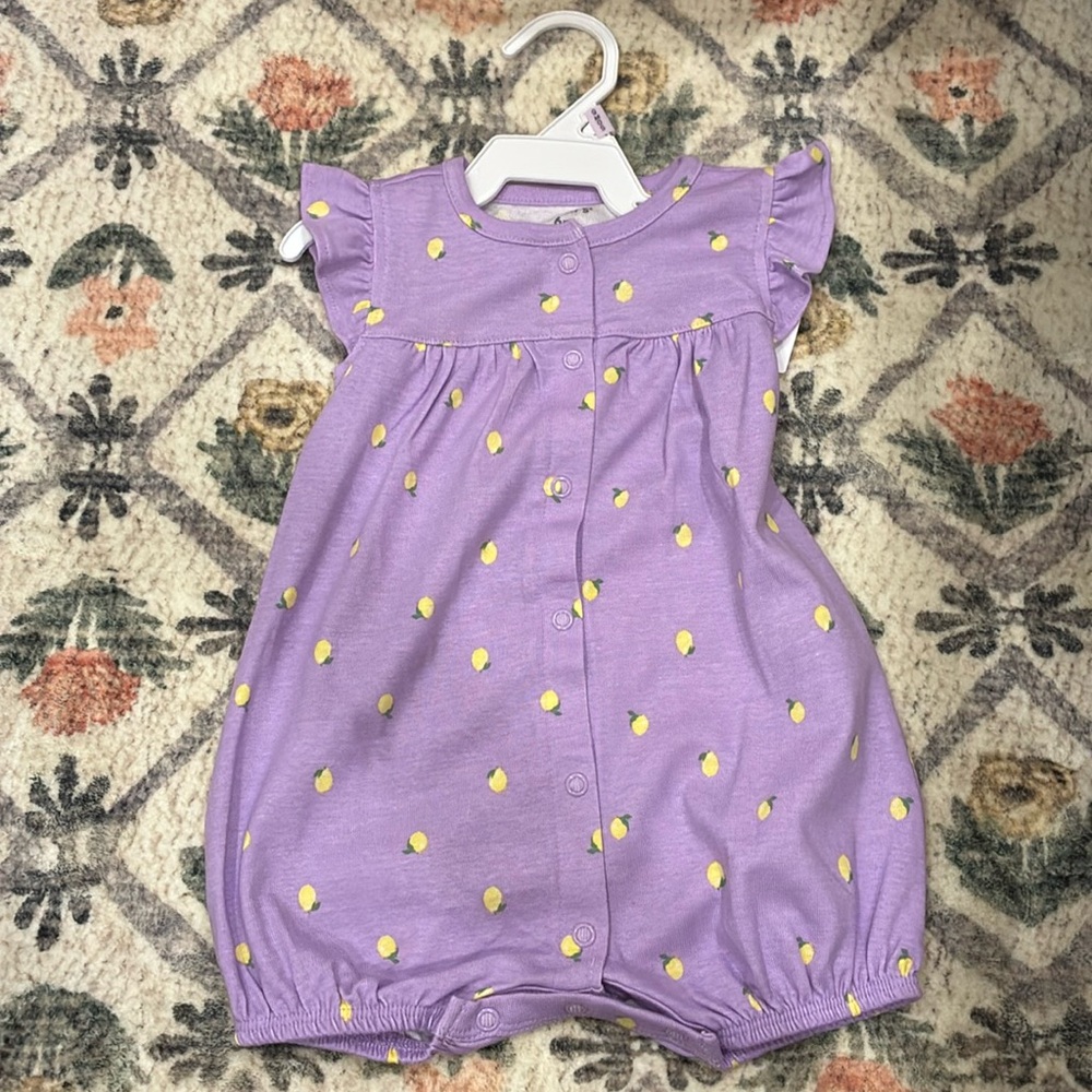NWT Carter's purple and yellow lemon Romper 6M